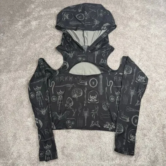 Cosmic Aura Hot Topic Skulls Brain Scorpion Cold Shoulder Crop Hoodie Size L - Picture 1 of 4